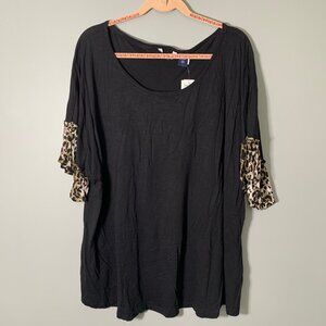 NEW Life Style Woman T-Shirt Women 3X Black Leopard Ruffle Sleeve Scoop‎ Neck